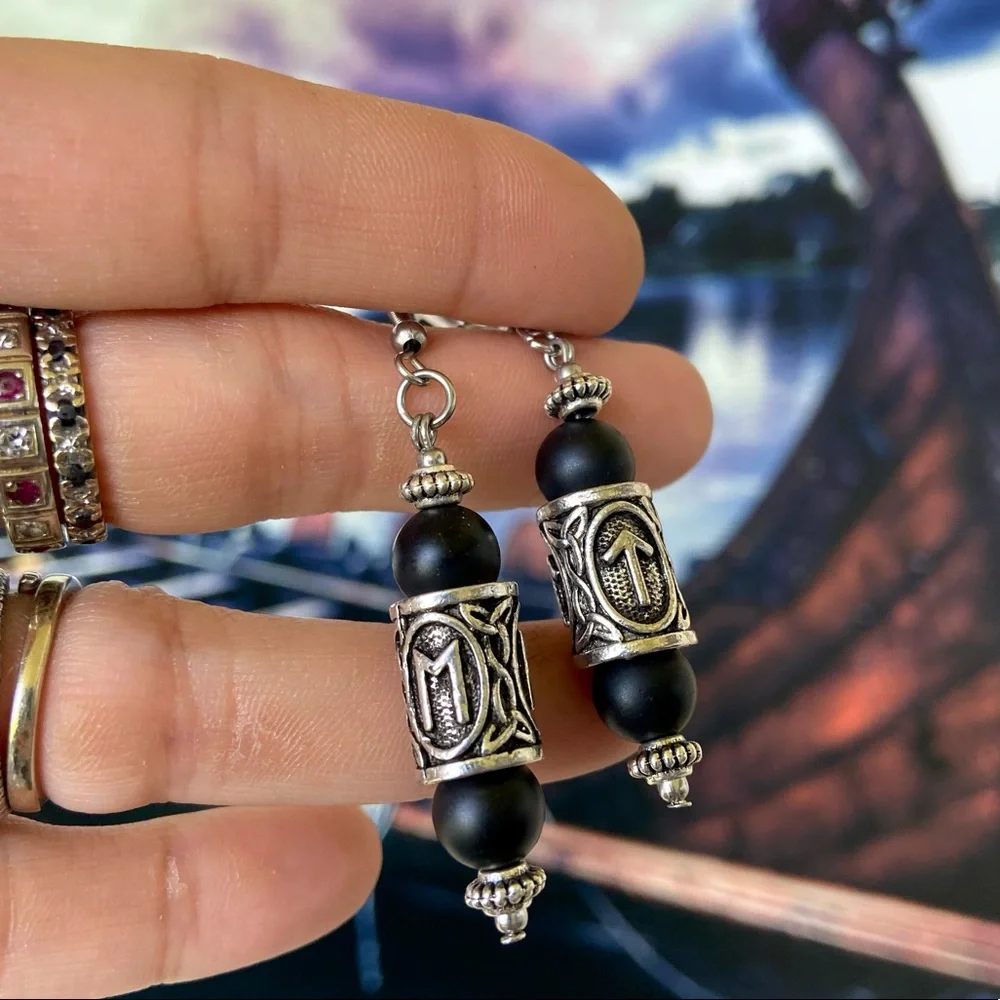 Matte Black onyx viking celtic runes dangly stainless steel post hooks earrings - Picture 5 of 9